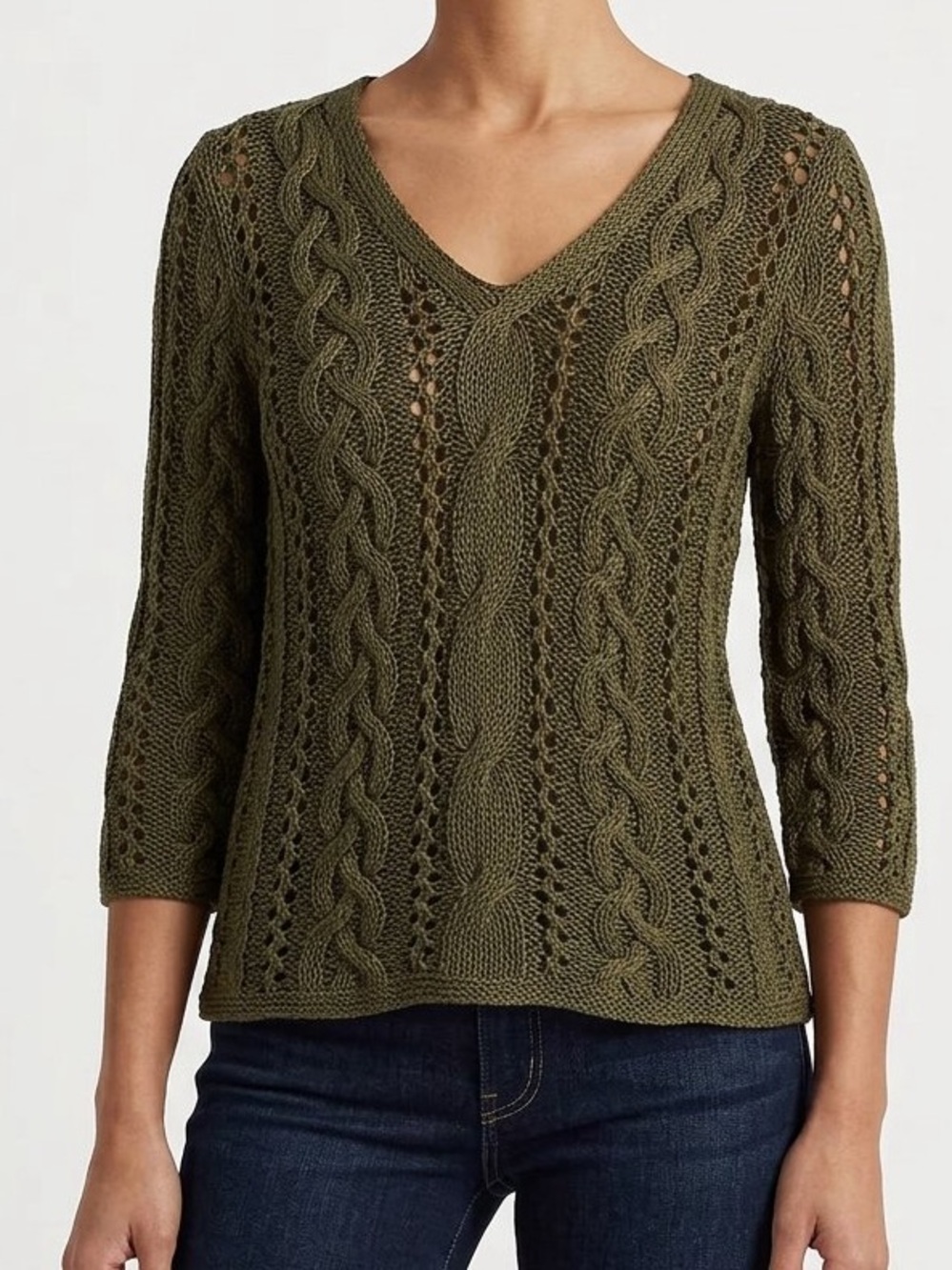 Lauren Ralph Lauren Olive Green Cable Knit V-Neck Sweater Petite M